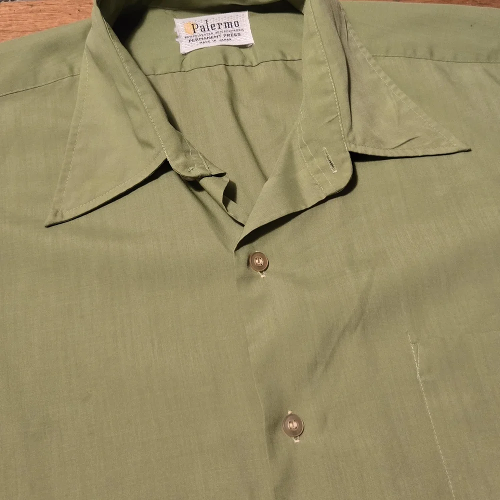 Vintage 70s Palermo Men's Short Sleeve Green Cotton Button-Up Shirt L - Picture 2 of 7
